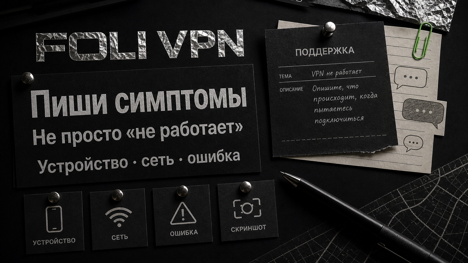 Обложка Foli VPN: поддержке нужны симптомы, устройство, сеть и ошибка.
