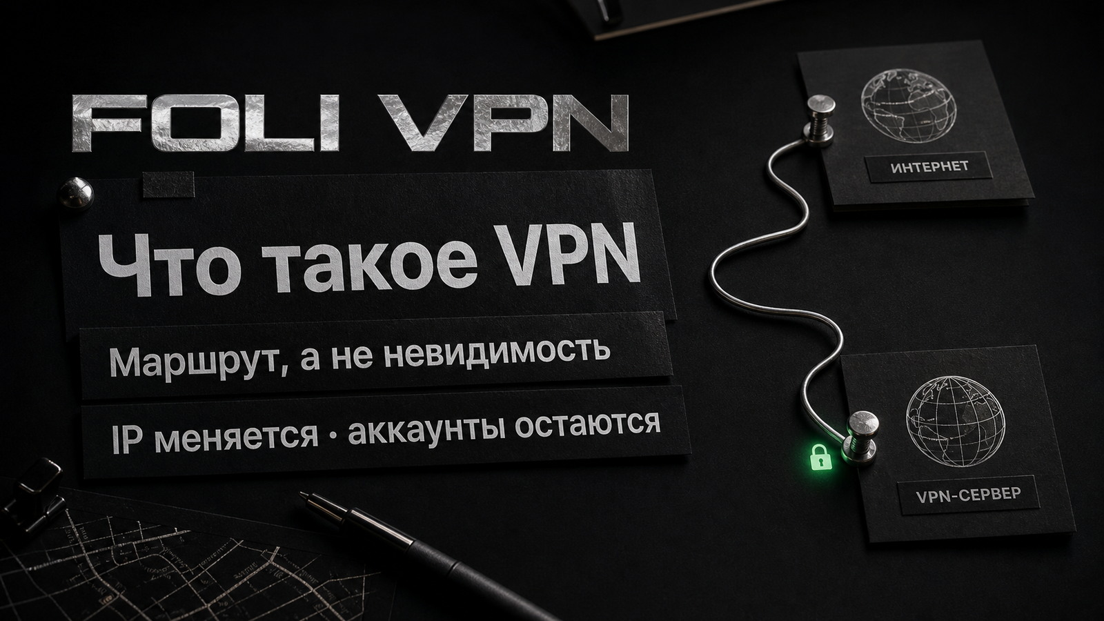 Обложка Foli VPN: VPN меняет маршрут и видимый IP, но не делает аккаунты невидимыми.