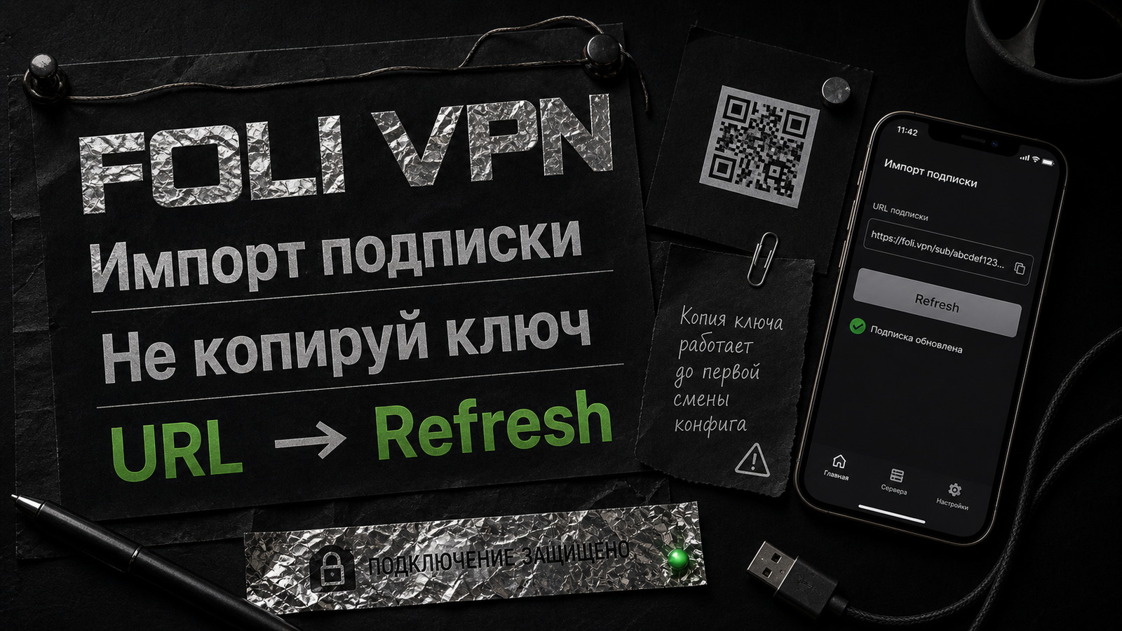 Обложка Foli VPN: импорт подписки через URL и Refresh, а не копирование одиночного ключа.