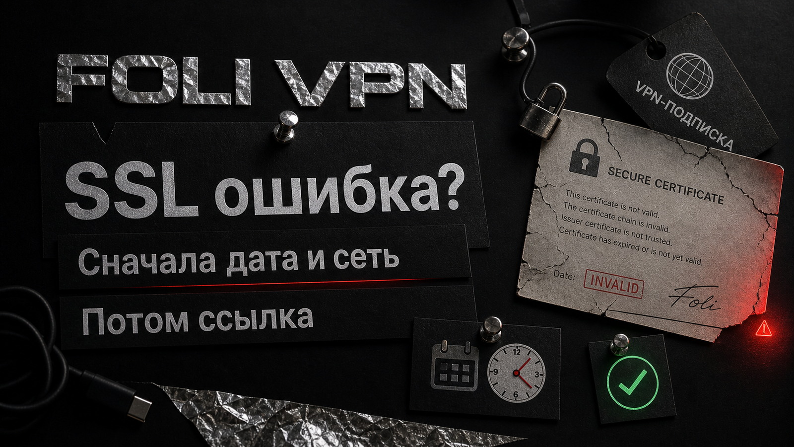 Обложка Foli VPN: при SSL-ошибке сначала проверьте дату, сеть и ссылку.