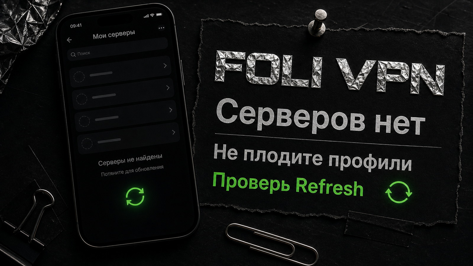 Обложка Foli VPN: если серверов нет, начните с Refresh и доступа подписки.