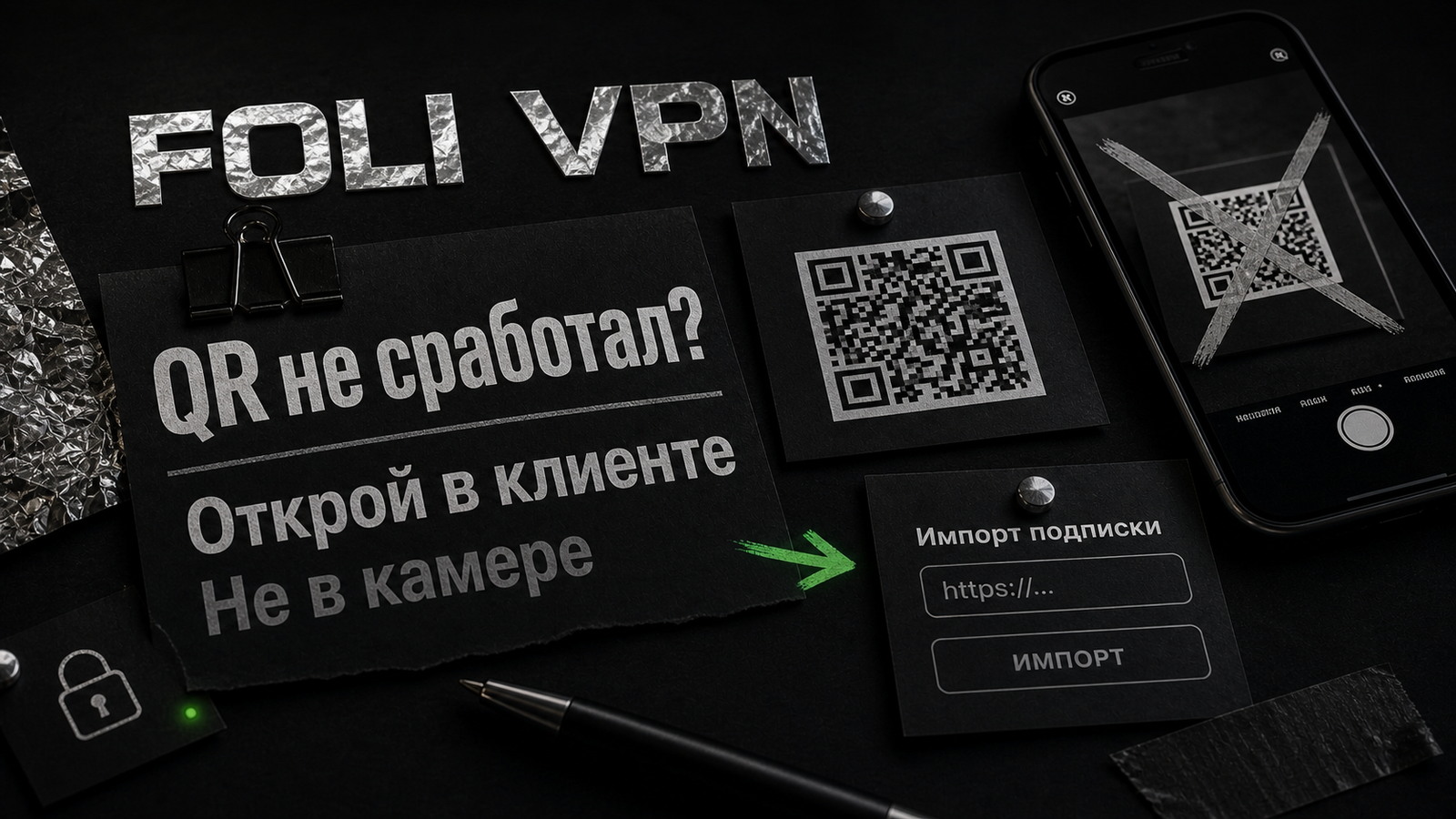 Обложка Foli VPN: QR нужно открывать внутри клиента, а не обычной камерой.
