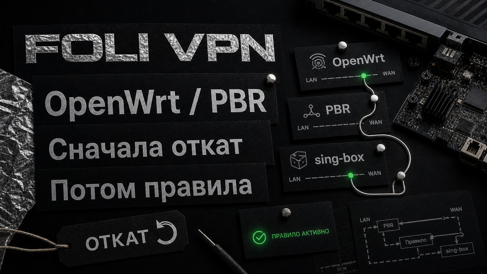 Обложка Foli VPN: OpenWrt, PBR и sing-box требуют отката до правил.