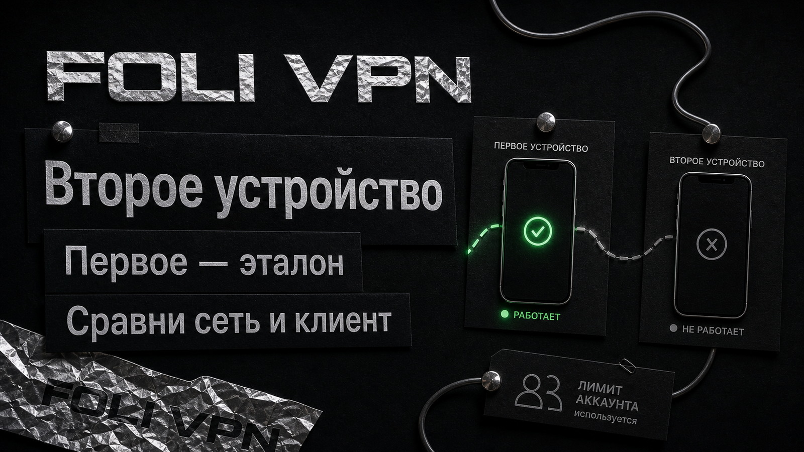 Обложка Foli VPN: второе устройство сравнивают с первым рабочим профилем.