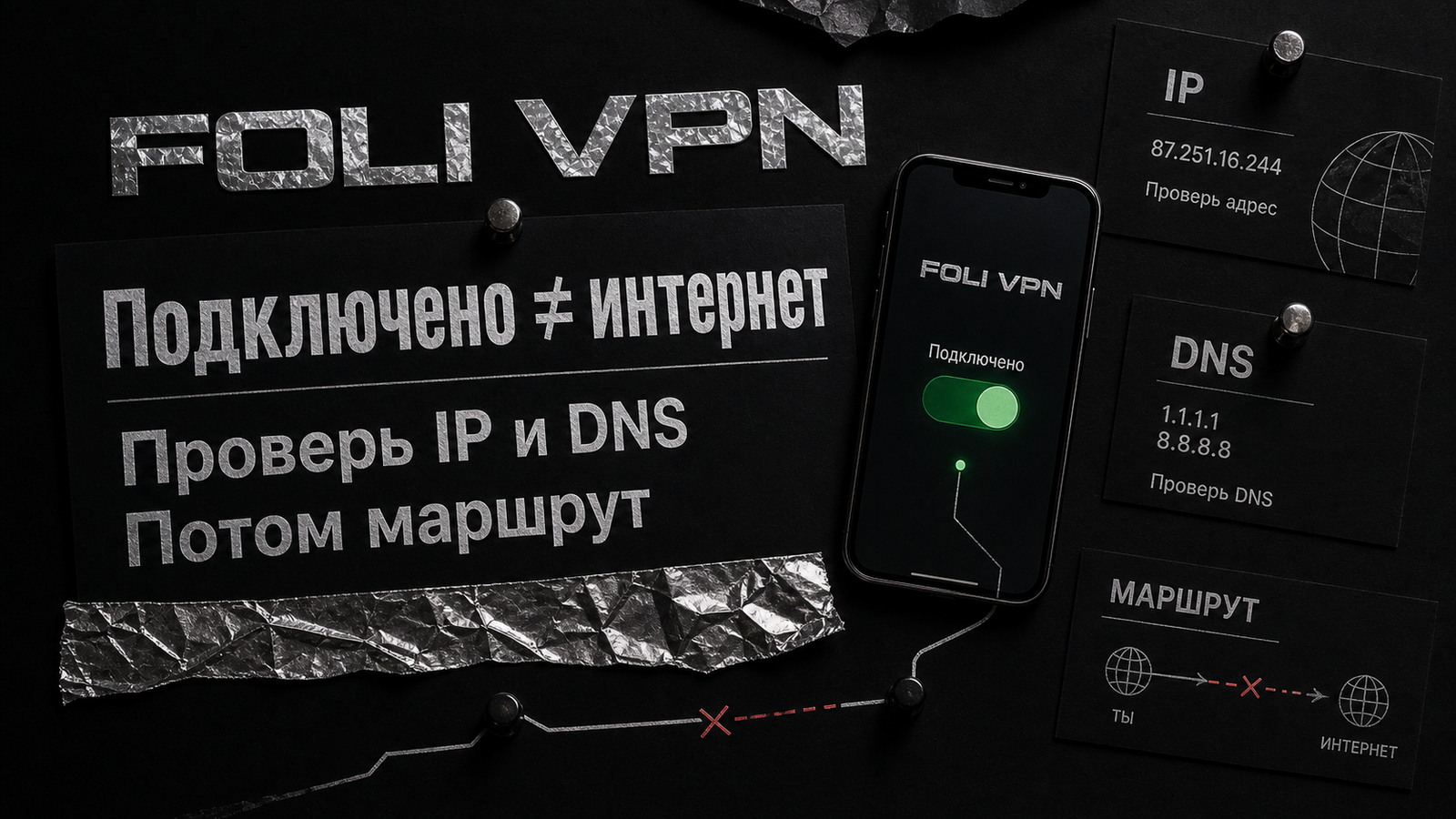 Обложка Foli VPN: зелёный статус ещё не гарантирует IP, DNS и маршрут.