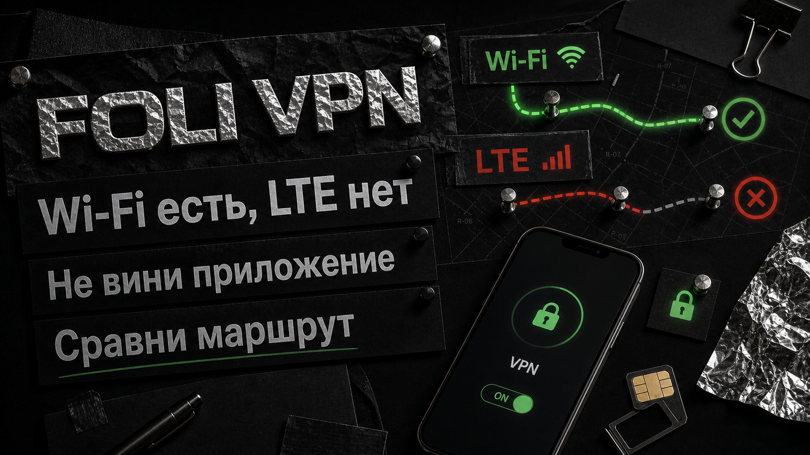 Обложка Foli VPN: если Wi‑Fi работает, а LTE нет, сравните маршрут оператора.